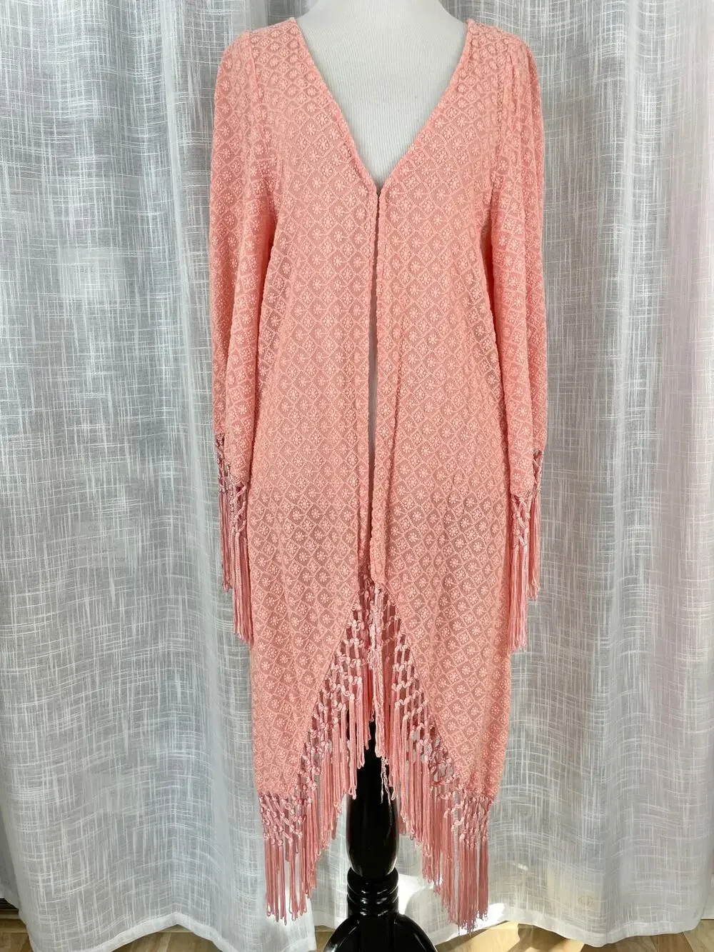 PilyQ Womens Swim Coverup Cardigan M/L Pink Fringe Tassel Crochet Boho Beach
